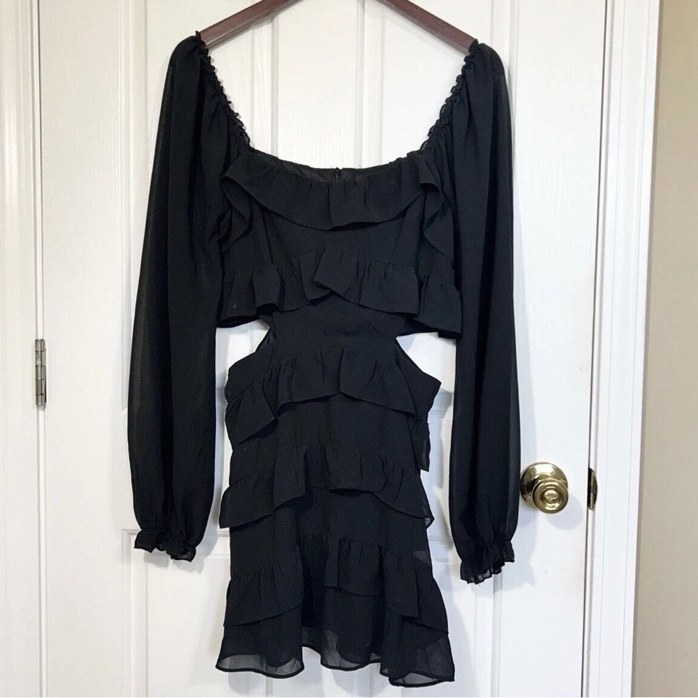 Altar'd State Black Ruffle Tiered Mini Dress Cut Out Waist Long Sleeve Size S